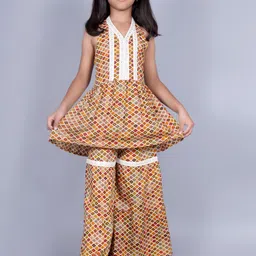 misbis Girls Halter Neck Ethnic Motif Printed Pleated Thread Work Kurta with Sharara-picture-38