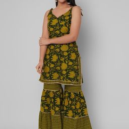 KALINI Women Green Floral Printed Gotta Patti Kurta with Sharara-18