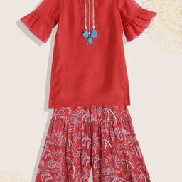 Biba Girls Red & White Ethnic Motifs Gotta Patti Kurta with Sharara-picture-49