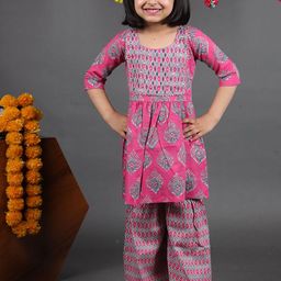 Maaikid Girls Floral Printed Pure Cotton Kurta with Sharara-image-78