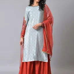 WISHFUL Floral Printed Thread Work Kurta With Sharara & Dupatta-picture-2