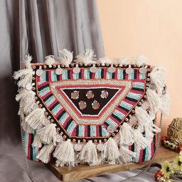 Swisni Black And Cream Coloured Embroidered Envelope Clutch-34