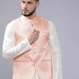 The Indian Garage Co Men Peach-Coloured Woven Design Nehru Jacket-30