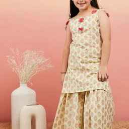 Sangria Girls Green & Prink Ethnic Motifs Printed Straight Kurti With Sharara-image-52