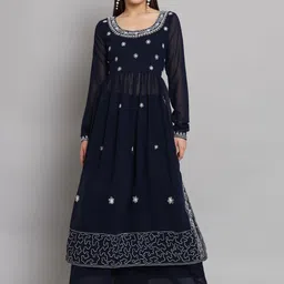Poshak Hub Floral Embroidered A-Line Pleated High Slit Kurta with Palazzos-picture-33