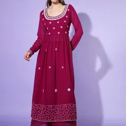 Poshak Hub Floral Embroidered High Slit A-Line Kurta with Palazzos-image-83
