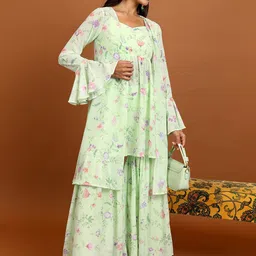 Vishudh Floral Printed Shoulder Straps A-Line Kurta With Sharara And Jacket image 1