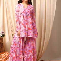 Inddus Women Floral Printed Pleated Kurta with Sharara-49