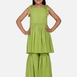 BLANC9 Girls Green Pleated Pure Cotton Kurti with Sharara-image-21