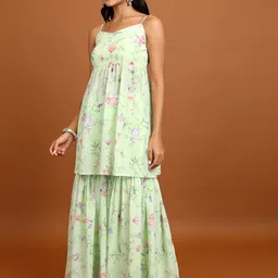 Vishudh Floral Printed Shoulder Straps A-Line Kurta With Sharara And Jacket image 5