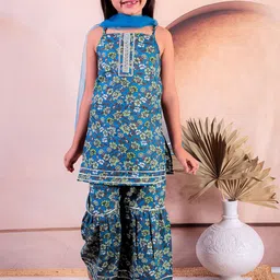 JUNITOS Girls Floral Printed Pure Cotton Straight Kurta With Sharara & Dupatta-image-27