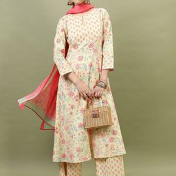 Vishudh Women Yellow Floral Printed Pure Cotton Kurta with Palazzos & With Dupatta-image-45
