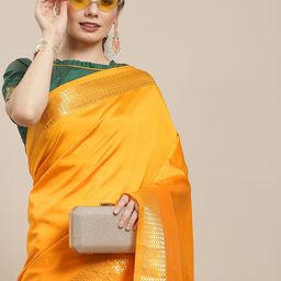 KALINI Mustard Yellow & Gold-Toned Woven Design Silk Cotton Banarasi Saree-image-95
