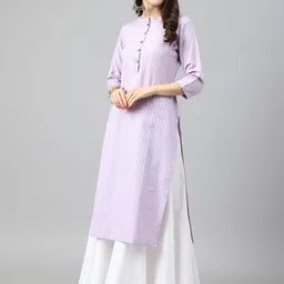 KALINI Striped Mandarin Collar Jacquard Cotton Straight Kurta-10