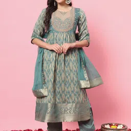 VredeVogel Geometric Printed Thread Work Empire Kurta With Trousers & Dupatta-3