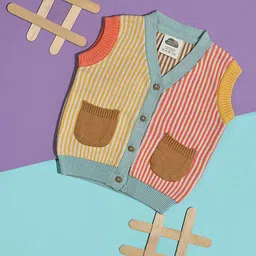 MiArcus White & Yellow Striped Sleeveless Cotton Cardigan-picture-18
