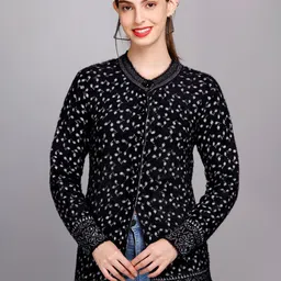 eWools Floral Self Design Acrylic Woollen Longline Cardigan-image-8