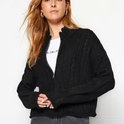 Trendyol Cable Knit Self-Design Spread Collar Drop-Shoulder Sleeves Cardigan-picture-40