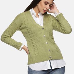HERE&NOW Women Green Cable Knit Cardigan-image-74