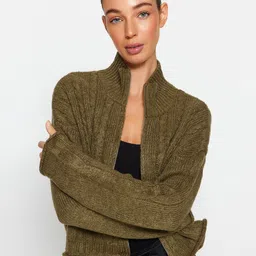 Trendyol Cable Knit Self Design Mock Collar Acrylic Cardigan-12