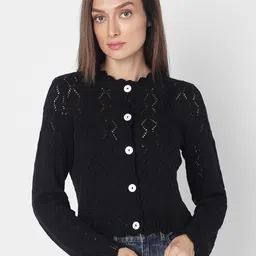 Vero Moda Self Design Open Knit High Neck Long Sleeve Cotton Cardigan Sweater-55
