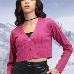 Tokyo Talkies Pink Open Knit V-Neck Long Sleeves Acrylic Crop Cardigan Sweater-image-63
