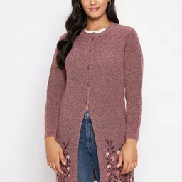 CLAPTON Floral Embroidered Woollen Longline Cardigan Sweaters-image-9