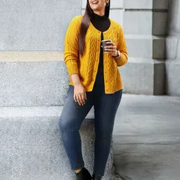 Sztori Women Plus Size Mustard Yellow Self Design Longline Cardigan-6