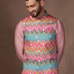 KISAH Printed Nehru Jacket With Pocket Square-11