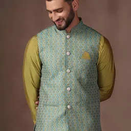 KISAH Printed Nehru Jacket With Pocket Square-44