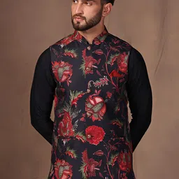 KISAH Floral Printed Nehru Jacket With Pocket Square-0