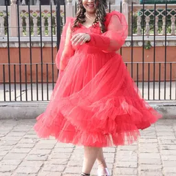 Swadeshi Shringaar Plus Size Cuffed Sleeves Net Fit & Flare Dress image 1