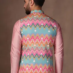 KISAH Printed Nehru Jacket With Pocket Square image 4