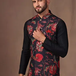 KISAH Floral Printed Nehru Jacket With Pocket Square image 5