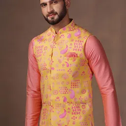 KISAH Ethnic Motifs Printed Nehru Jacket With Pocket Square image 2