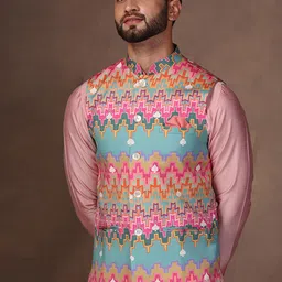 KISAH Printed Nehru Jacket With Pocket Square image 5