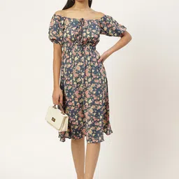 Slenor Floral Print Off-Shoulder Puff Sleeve Georgette Fit & Flare Midi Dress-image-37