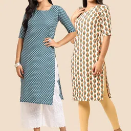 KALINI Women's Crepe Teal & Beige Color Printed Straight Handloom Kurta (PACK OF 2)-image-57