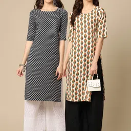 KALINI Women Pack Of 2 Black & Cream-Coloured Geometric Printed Block Print Crepe Kurtas-2