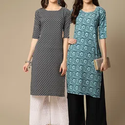KALINI Women Pack Of 2 Black & Blue Floral Printed Block Print Crepe Kurtas-29