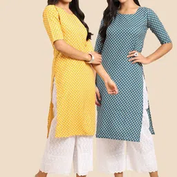 KALINI Women Pack of 2 Yellow & Blue Digital Printed Crepe Straight Kurtas-image-96