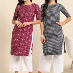 KALINI Women Pack Of 2 Burgundy & Black Floral Printed Crepe Straight Kurta-picture-4