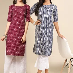 KALINI Women Pack Of 2 Burgundy & Blue Floral Printed Crepe Straight Kurta-picture-23