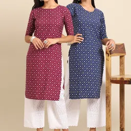 KALINI Women Maroon & Blue Geometric Printed Crepe Pack of 2Kurta-image-99