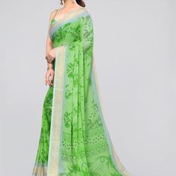 MIRCHI FASHION Green & White Floral Printed Zari Poly Chiffon Saree-image-69