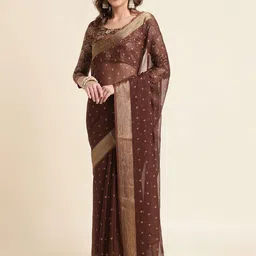 Mitera Coffee Brown & Gold-Toned Floral Printed Zari Border Pure Chiffon Saree-39