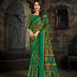 Mitera Green & Red Floral Printed Pure Linen Jamdani Saree-18