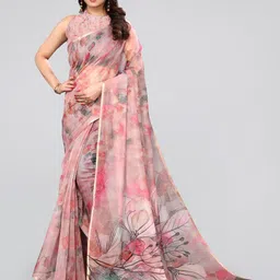MIRCHI FASHION Peach-Coloured & Green Floral Printed Zari Organza Saree-picture-22