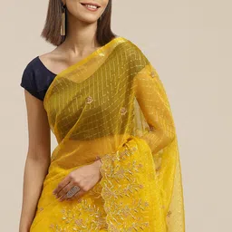 Anouk Mustard Yellow Checked Woven Design Organza Saree-picture-28