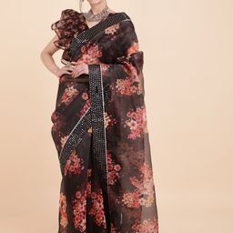Sangria Black & Red Floral Printed Sequinned Organza Saree-image-81